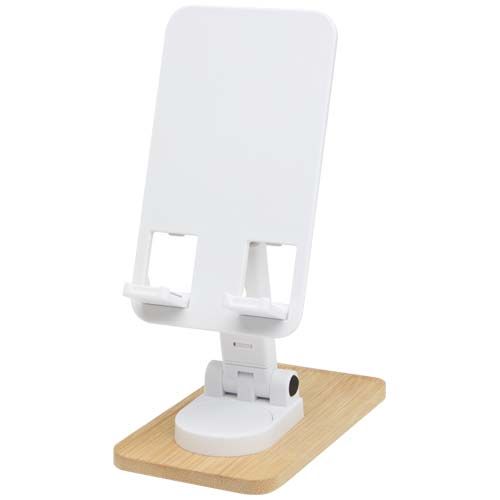 white Soporte para teléfono de sobremesa plegable de plástico reciclado con detalles de bambú