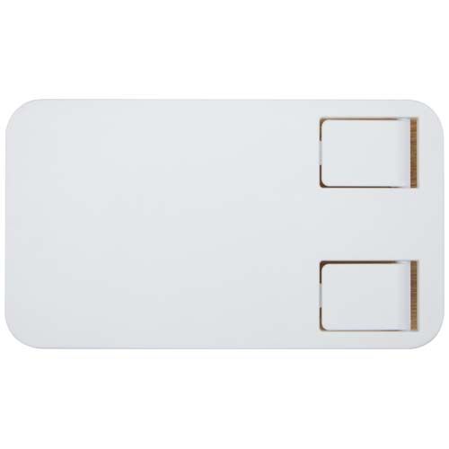 white Soporte para teléfono de sobremesa plegable de plástico reciclado con detalles de bambú