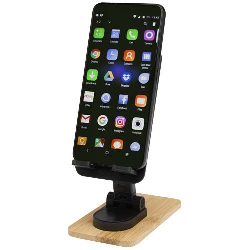 Soporte para teléfono de sobremesa plegable de plástico reciclado con detalles de bambú 