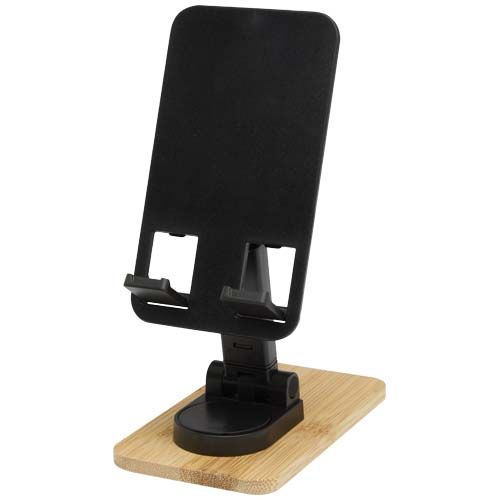 black Soporte para teléfono de sobremesa plegable de plástico reciclado con detalles de bambú