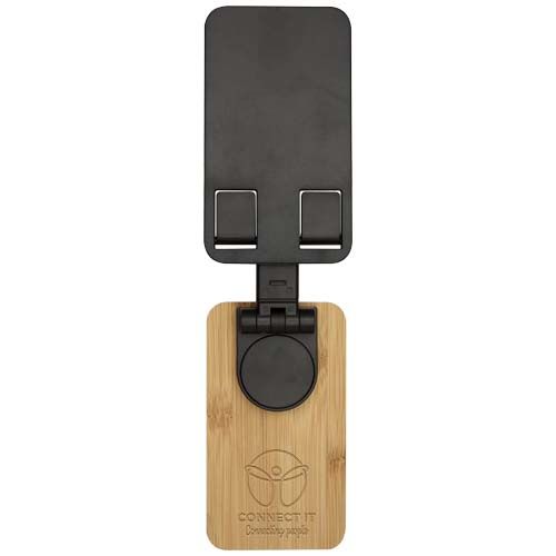 black Soporte para teléfono de sobremesa plegable de plástico reciclado con detalles de bambú