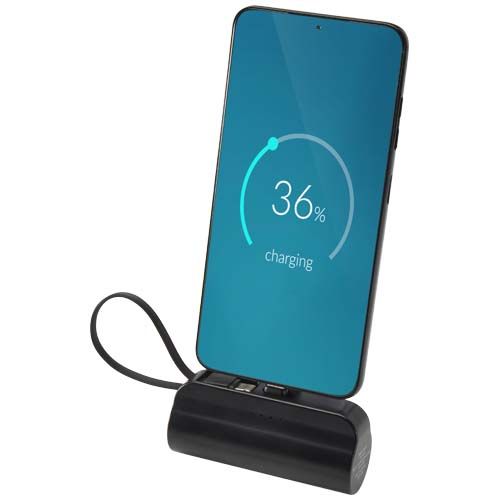 Batería externa tipo-C de plástico reciclado de 5000 mAh y 10 W con soporte abatible incorporado y cable 2 en 1 