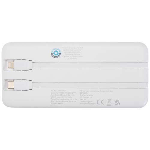 white Batería externa de plástico reciclado de 10 000 mAh y 10 W con 2 cables integrados