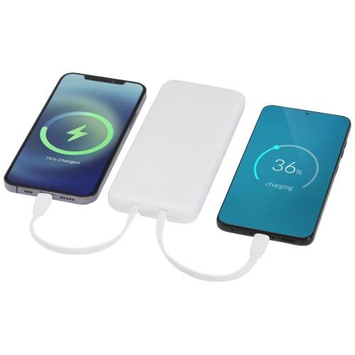 white Batería externa de plástico reciclado de 10 000 mAh y 10 W con 2 cables integrados