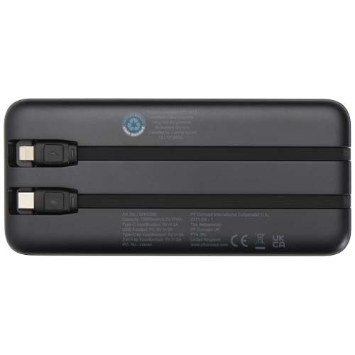 black Batería externa de plástico reciclado de 10 000 mAh y 10 W con 2 cables integrados