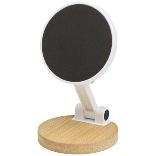 white Soporte para teléfono magnético plegable de plástico reciclado con detalles de bambú