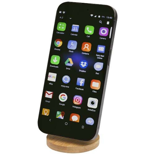 SOPORTE PARA TELÉFONO MAGNÉTICO PLEGABLE DE PLÁSTICO RECICLADO CON DETALLES DE BAMBÚ 