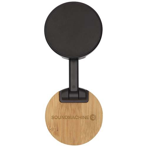 black Soporte para teléfono magnético plegable de plástico reciclado con detalles de bambú