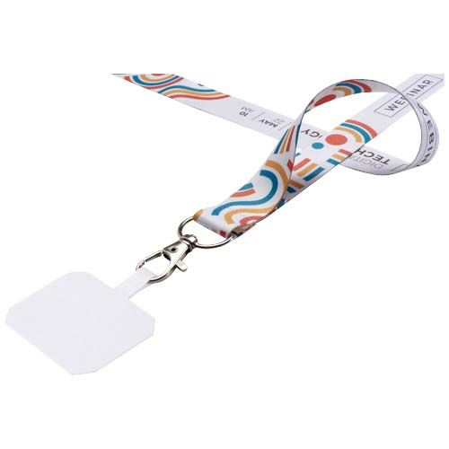 white Lanyard de sublimación con soporte para teléfono y cierre de seguridad