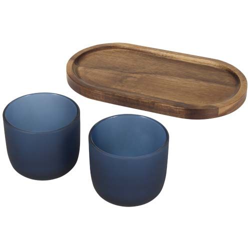 azul oscuro Set de bandeja de madera y vasos de vidrio acabado mate