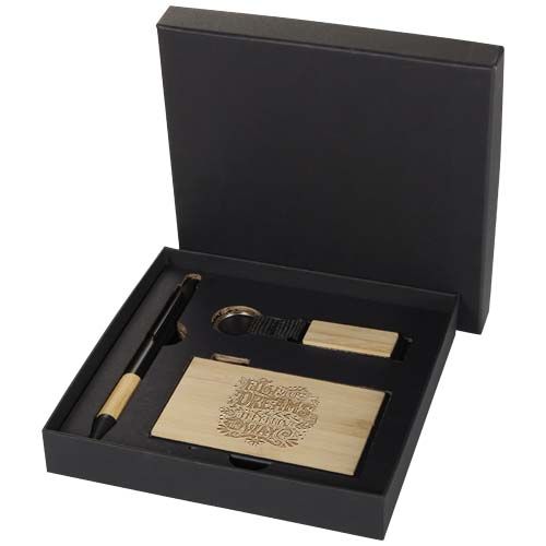 natural/negro Set de regalo de bolígrafo, llavero y tarjetero RFID de aluminio reciclado RCS