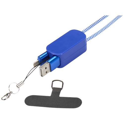 azulón Lanyard de plástico reciclado para smartphone con cable integrado 5 en 1 de 27 W