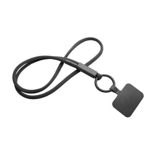 black Lanyard con soporte para teléfono con tubo de plástico reciclado