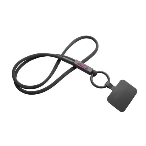 black Lanyard con soporte para teléfono con tubo de plástico reciclado