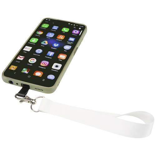 white Lanyard pequeño de RPET con sublimación y soporte para teléfono