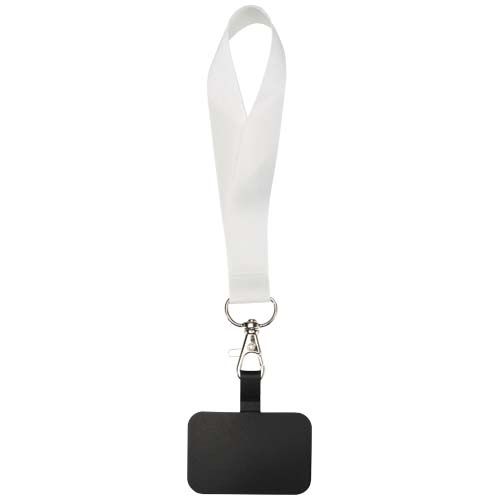 white Lanyard pequeño de RPET con sublimación y soporte para teléfono