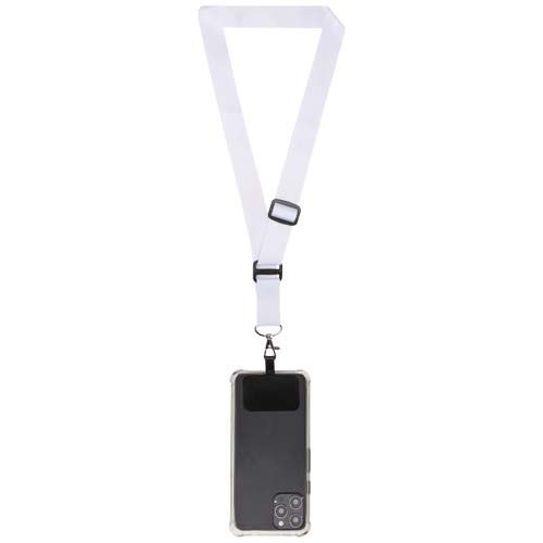white Lanyard ajustable de RPET de sublimación y soporte para teléfono