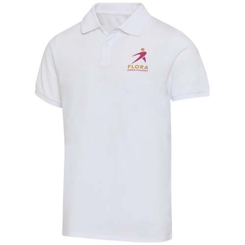 white Polo de material reciclado orgánico con certificado OCS de manga corta unisex de 220 g/m²