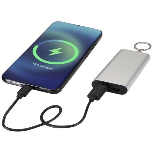 plateado Batería externa de aluminio reciclado de 2000 mAh con llavero