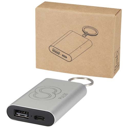 plateado Batería externa de aluminio reciclado de 2000 mAh con llavero