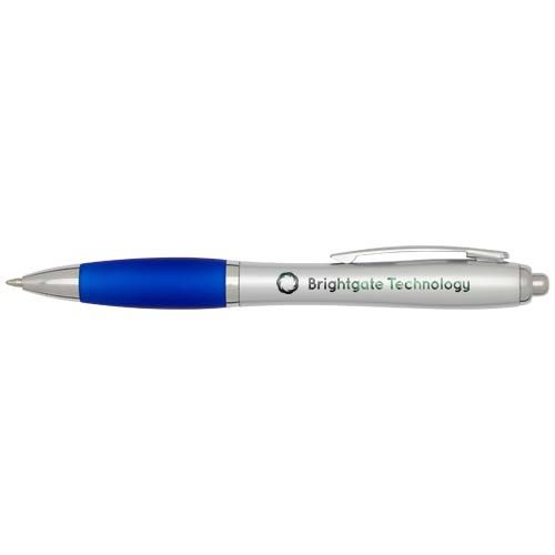 Bolígrafo de plástico reciclado con certificado RCS, cuerpo plateado y empuñadura de color (tinta negra) 