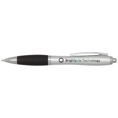 Bolígrafo de plástico reciclado con certificado RCS, cuerpo plateado y empuñadura de color (tinta negra) 
