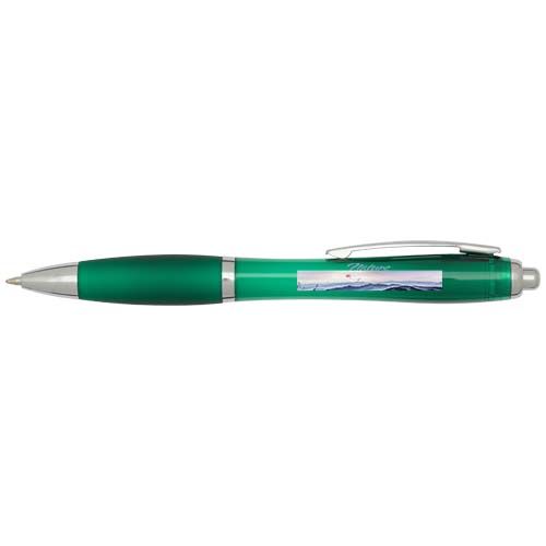 green Bolígrafo de plástico reciclado con certificado RCS y cuerpo y empuñadura de color (tinta azul)