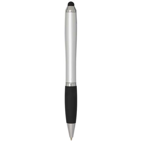 plateado Bolígrafo de plástico reciclado con certificado RCS, stylus, cuerpo de color y empuñadura negra (tinta negra)
