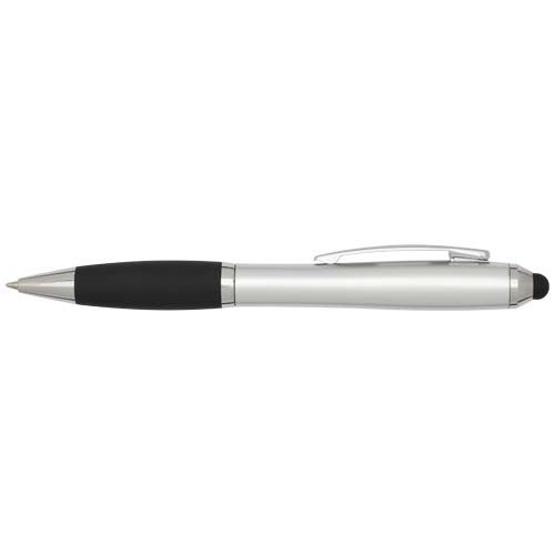 plateado Bolígrafo de plástico reciclado con certificado RCS, stylus, cuerpo de color y empuñadura negra (tinta negra)