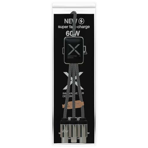 negro chiné Cable de carga tipo C de 60 W con doble logotipo retroiluminado