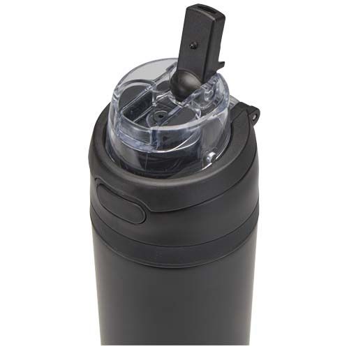 black Botella de agua Theron de 800 ml de acero inoxidable de pared simple reciclado (RCS), con tapa de doble función y pajita abat