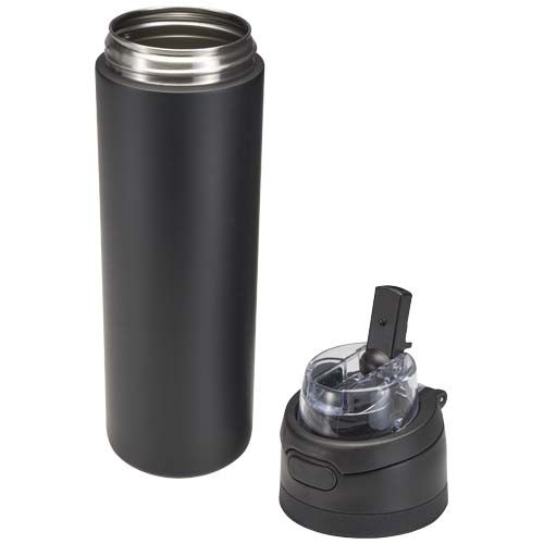 black Botella de agua Theron de 800 ml de acero inoxidable de pared simple reciclado (RCS), con tapa de doble función y pajita abat