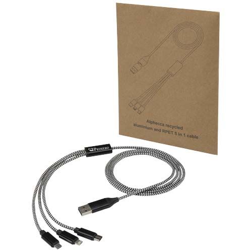 black Cable de carga 5 en 1 de aluminio reciclado y RPET de Alphecca