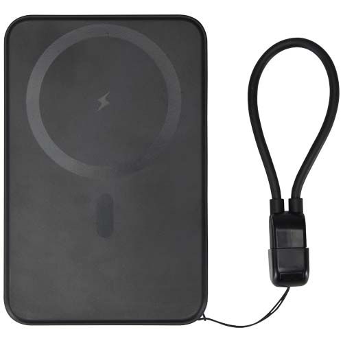 black Batería externa magnética SMART de 5000 mAh fabricada con plástico reciclado y con cordón