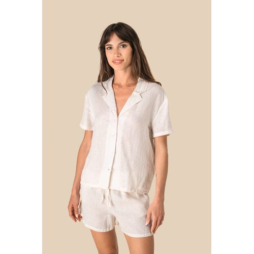 CAMISA MANGA CORTA DE LINO Y CUELLO BOWLING MUJER