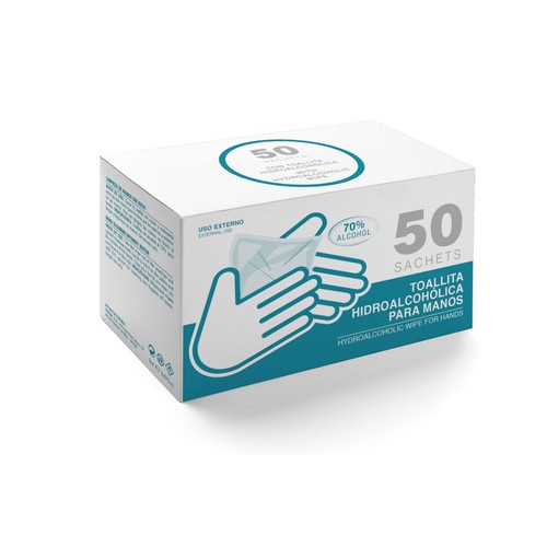 BOX WITH 50 SACHETS WITH HIDROALCOHOLIC WIPE