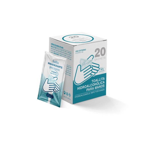 BOX WITH 20 SACHETS WITH HIDROALCOHOLIC WIPE
