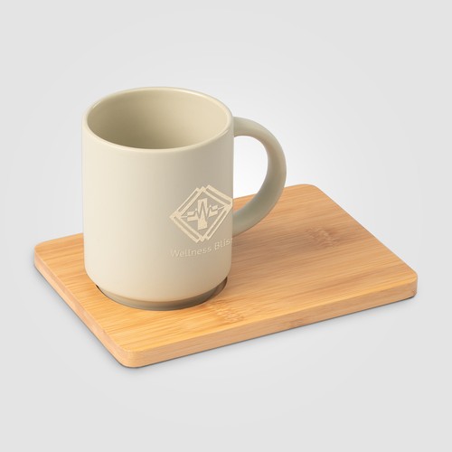 Café Duo - 325 ml Ensemble tasse en céramique et planche en bambou