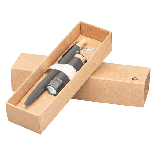 Coffret cadeau Reborn, stylo et lampe torche, aluminium recyclé avec accents en bambou - impression