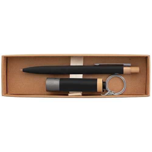 Coffret cadeau Reborn, stylo et lampe torche, aluminium recyclé avec accents en bambou - impression