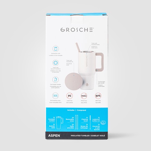 Mug et gobelet GROSCHE Aspen isotherme 2-en-1 en acier inoxydable avec paille – 945 ml