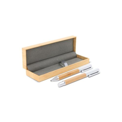 Ensemble stylo à bille et roller en métal bambou dans une boîte cadeau