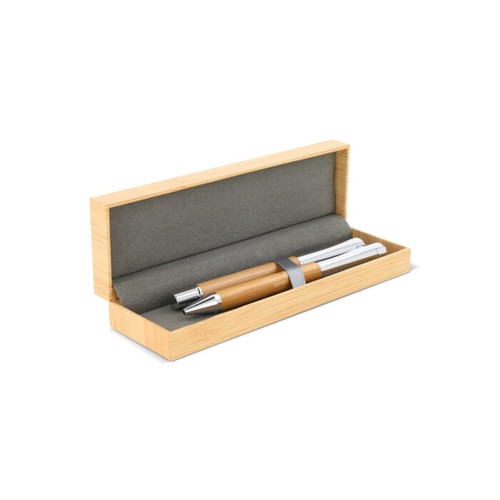 Ensemble stylo à bille et roller en métal bambou dans une boîte cadeau - 2