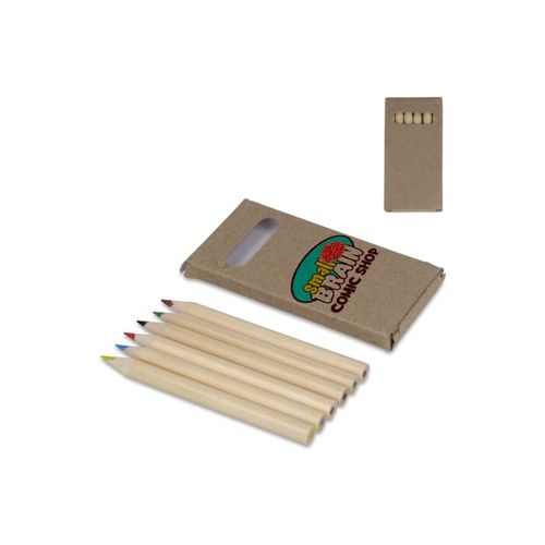 6 crayons de couleur dans une boîte kraft