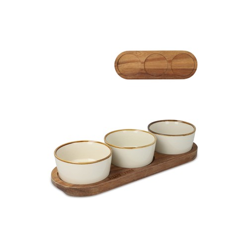 InSideOut Support en bois avec 3 bols ronds en céramique - 1