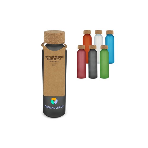 Bouteille en verre recyclé dépoli personnalisé avec bouchon en liège 500ml