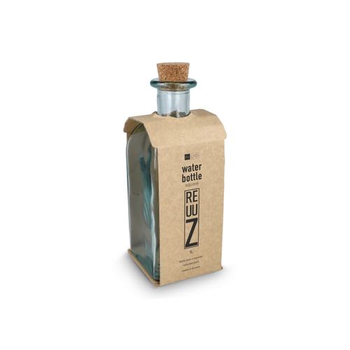 Bouteille en verre recyclé InSideOut Square ReuuZ avec bouchon en liège 1 L
