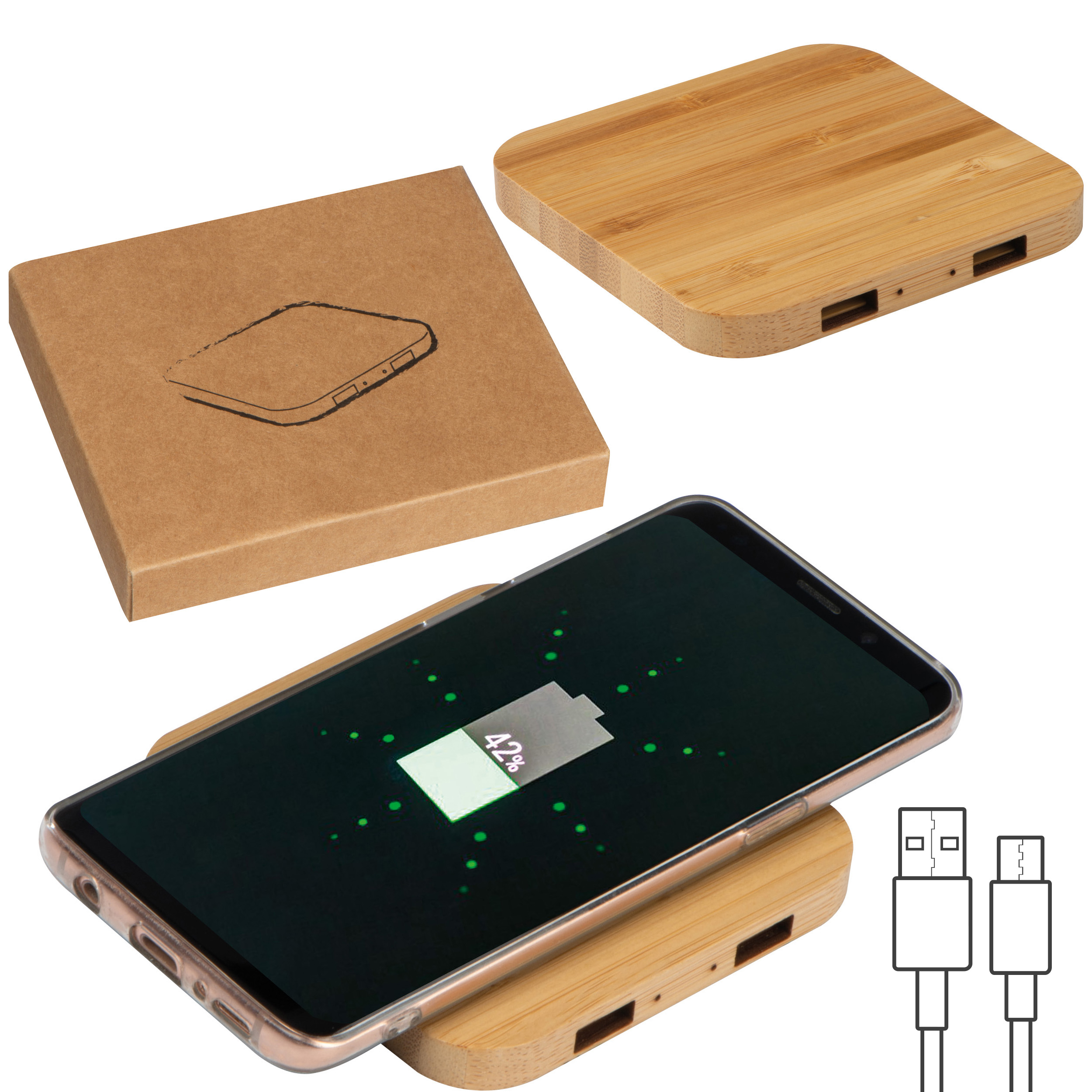 Chargeur sans fil en bambou avec 2 Hubs USB ROMAN - 1