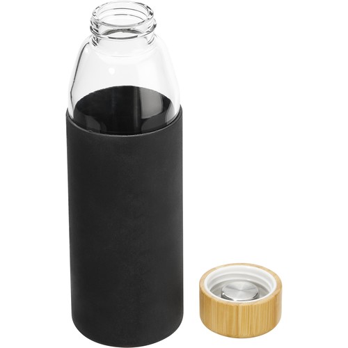 Bouteille en verre résistant à la chaleur 0,5 l avec bouchon en bambou, manchette en silicone et boîte cadeau thumbnail 4