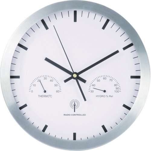 Grande horloge murale de 30 cm en aluminium avec réglage automatique de l´heure, thermomètre et hygromètre